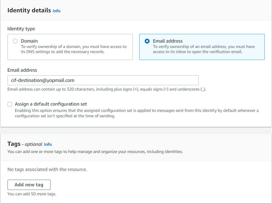 Create Destination Email Address