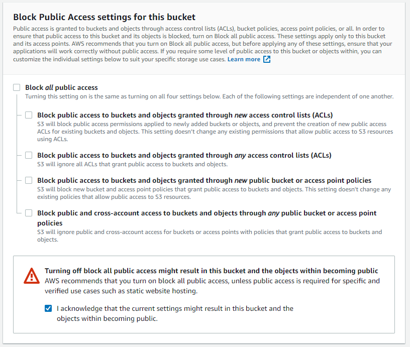 Public Access Settings Bucket